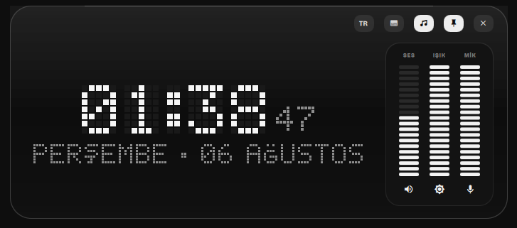 The expanded panel showing the large pixel-art clock and date