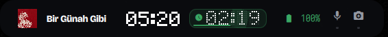 The collapsed pill with a green capsule showing a running timer beside the clock and battery