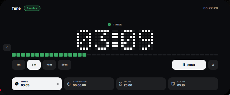 The time page showing a running timer at three minutes nine seconds, a progress strip of square cells, duration presets, and a rail of four modes below